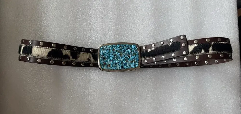 Brown Cow Print CALFHAIR Western Belt Turquoise Stones Buckle Western Studded M